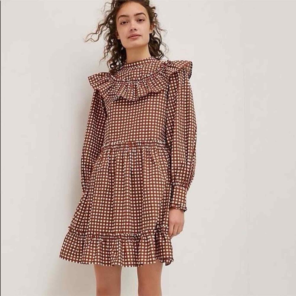 Anthropologie Porridge Penny Brown Gingham Mini Dress Sz XS Cottagecore Ruffle